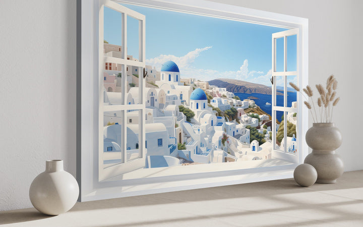 Santorini View From Open Window Canvas Wall Art