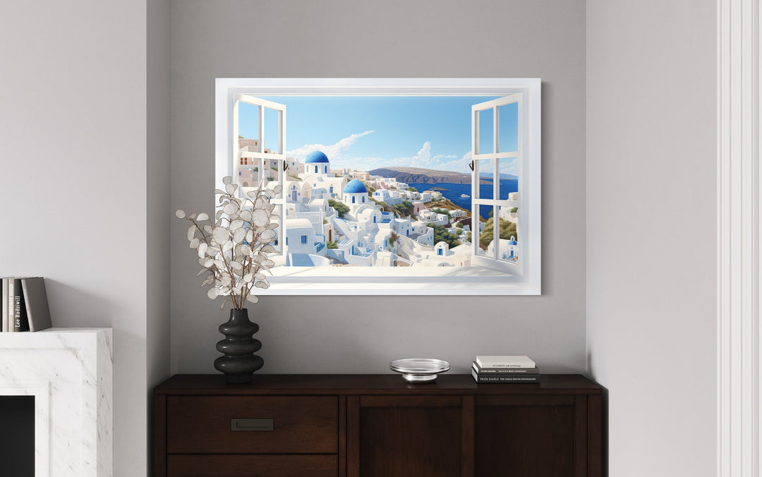 Santorini View From Open Window Canvas Wall Art