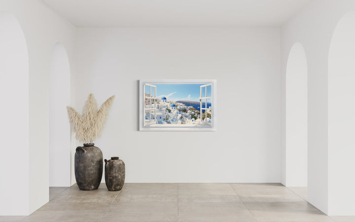 Santorini View From Open Window Canvas Wall Art