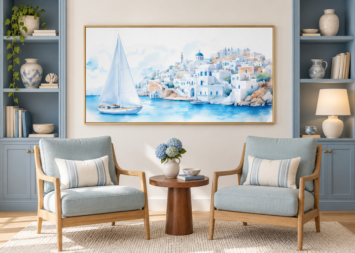 Santorini Sea and Sailboat Framed Canvas Wall Art in a gold frame above two blue armchairs.