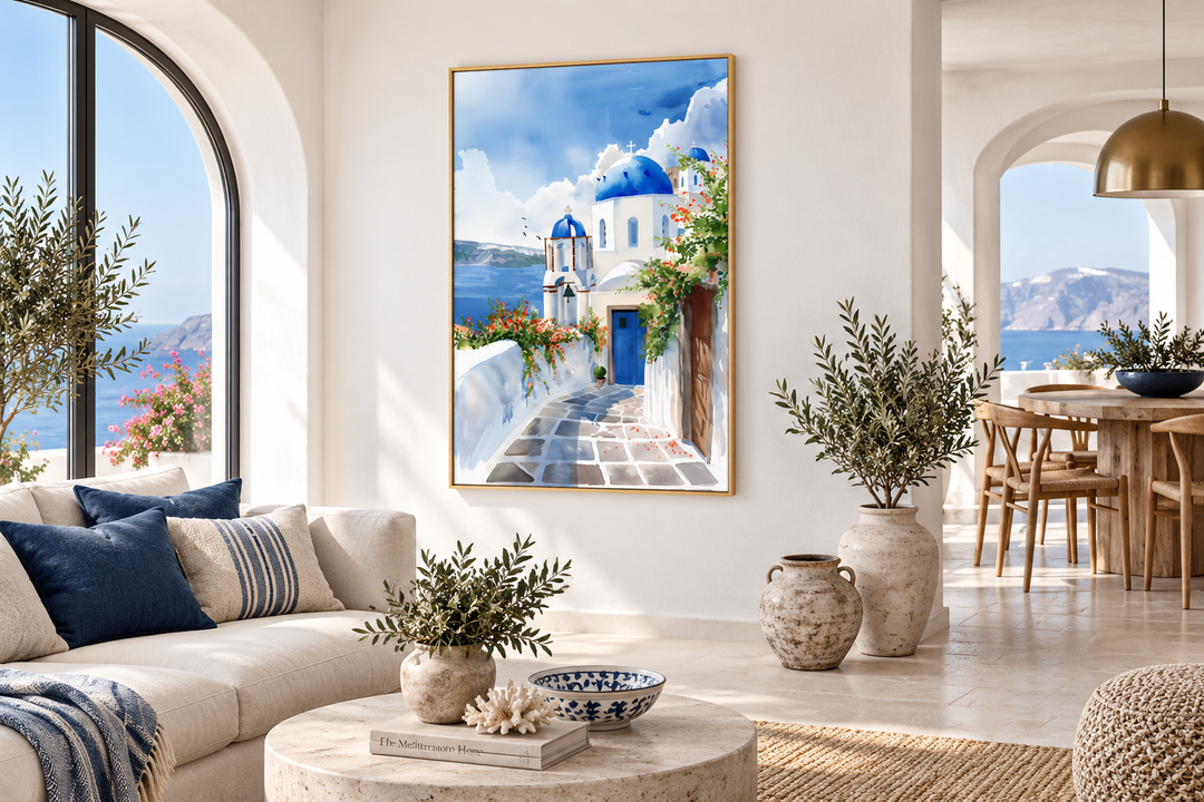 Santorini Greece travel poster featuring blue-domed buildings and white streets in a gold frame.