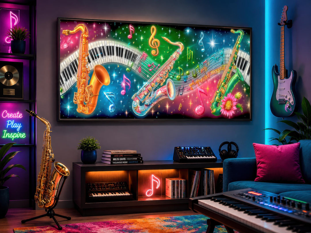 Vibrant horizontal canvas art featuring neon saxophones and piano keys in a music-themed room.