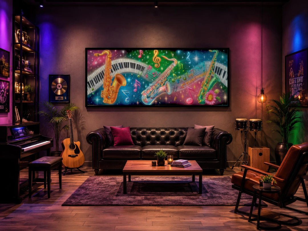 Vibrant horizontal canvas art featuring neon saxophones and piano keys above a black leather sofa.