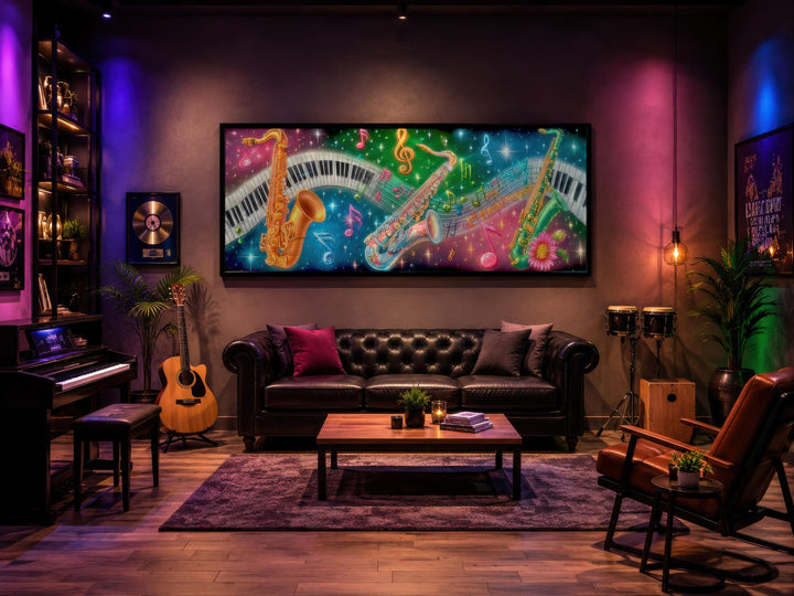 Vibrant horizontal canvas art featuring neon saxophones and piano keys above a black leather sofa.