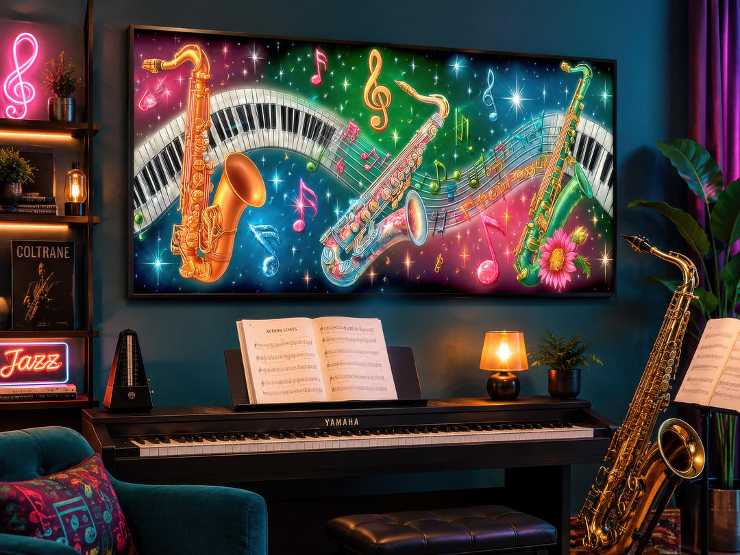 Colorful neon saxophone and piano keys canvas wall art displayed above a black digital piano.