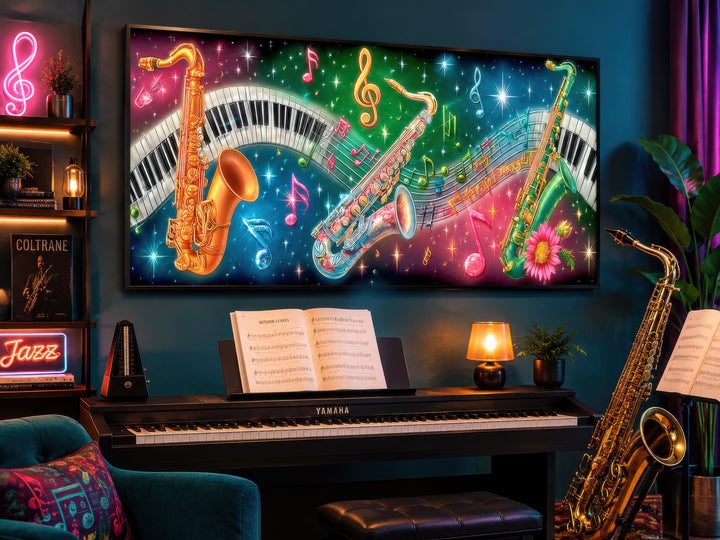 Colorful neon saxophone and piano keys canvas wall art displayed above a black digital piano.