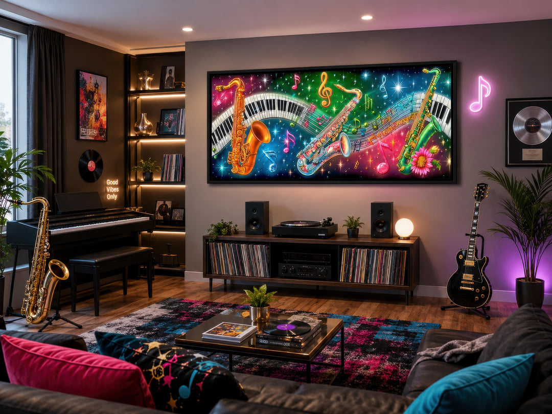 Vibrant saxophone and piano keys neon canvas wall art displayed in a modern music-themed room.
