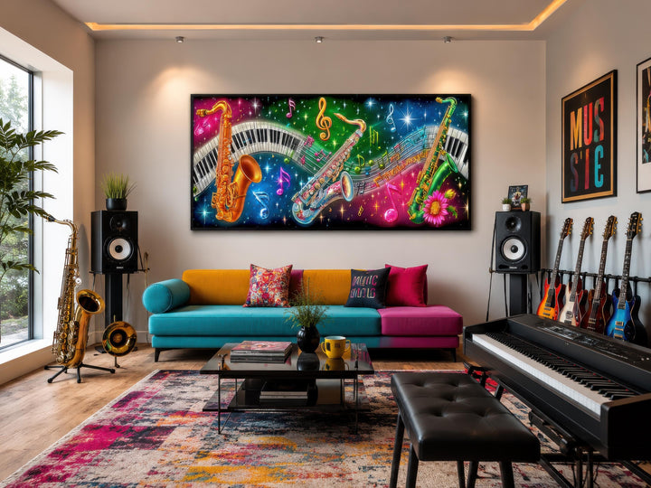 Vibrant neon saxophone and piano keys canvas wall art displayed above a colorful modern sofa.