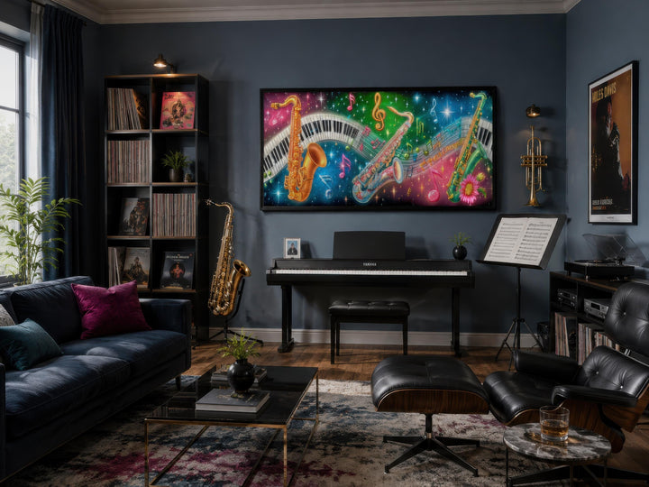Vibrant horizontal canvas art featuring neon saxophones and piano keys in a music-themed room.