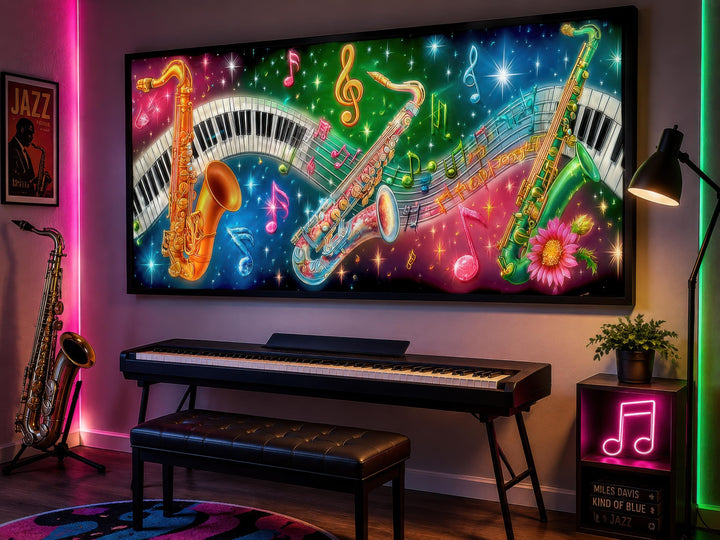 Vibrant neon saxophone and piano canvas wall art displayed in a modern music room setting.