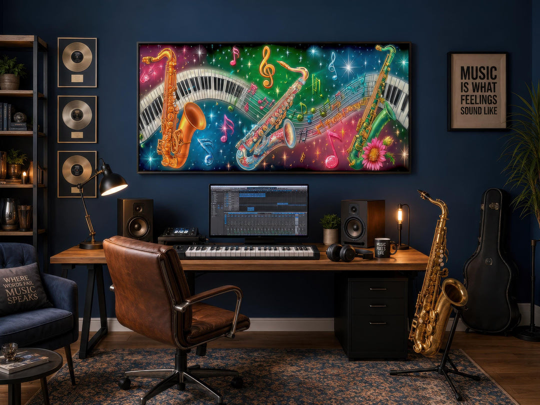 Vibrant horizontal canvas art featuring neon saxophones and piano keys above a music studio desk.