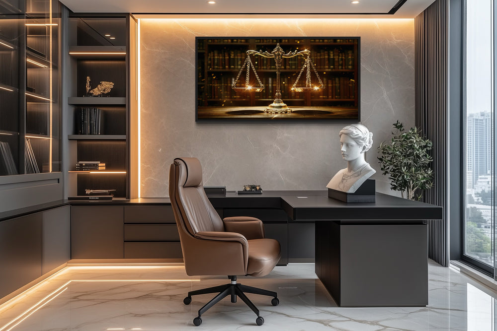 Scales Of Justice Wall Art – Framed Canvas Print For Law Office Decor