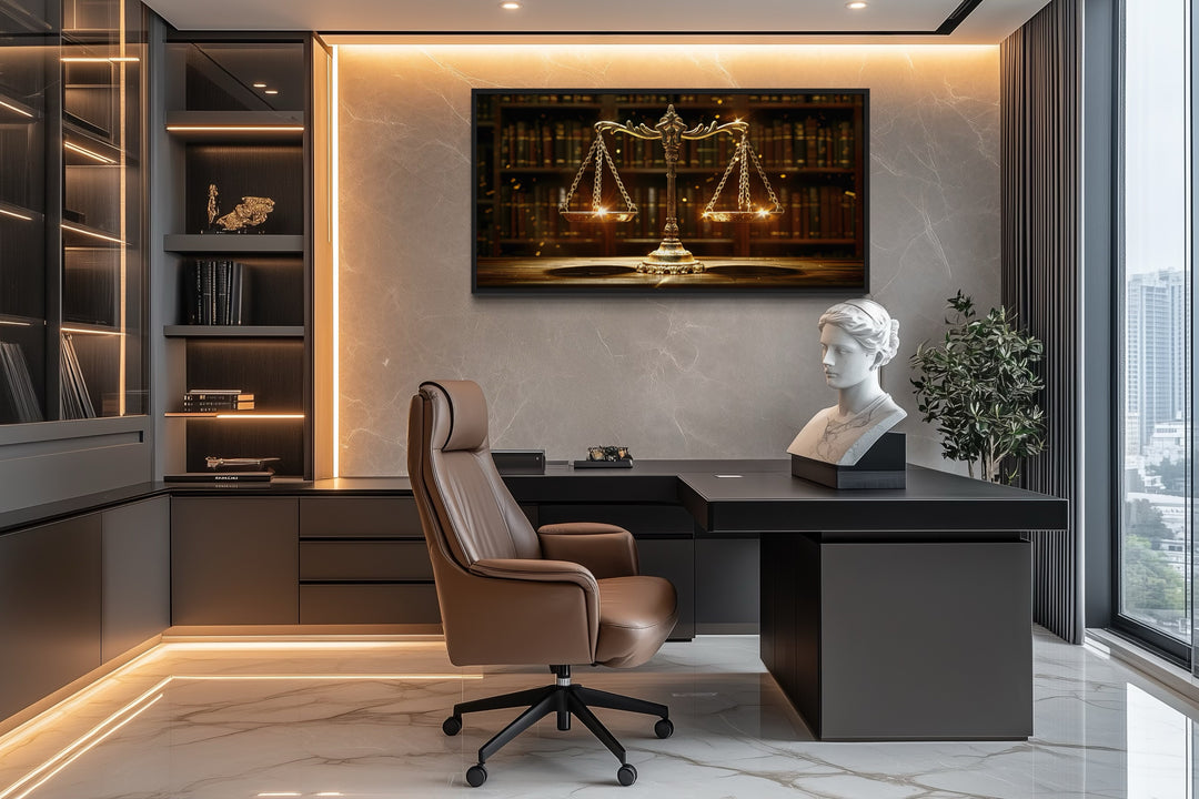 Scales Of Justice Wall Art – Framed Canvas Print For Law Office Decor