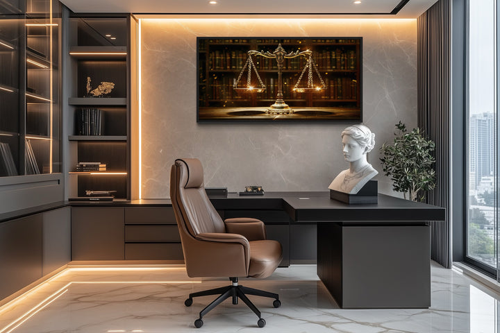 Scales Of Justice Wall Art – Framed Canvas Print For Law Office Decor