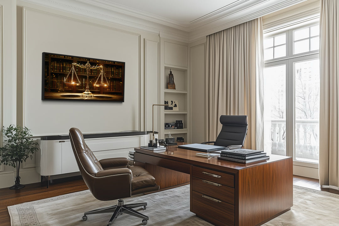 Scales Of Justice Wall Art – Framed Canvas Print For Law Office Decor