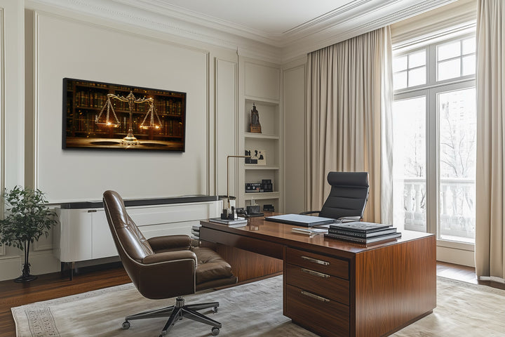 Scales Of Justice Wall Art – Framed Canvas Print For Law Office Decor