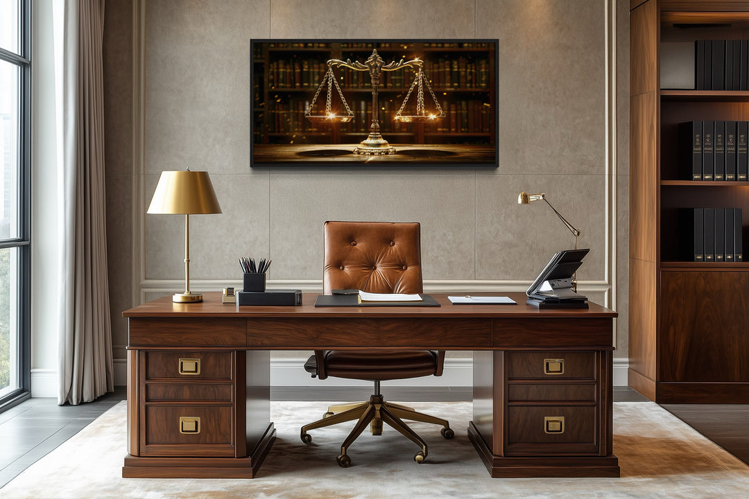 Scales Of Justice Wall Art – Framed Canvas Print For Law Office Decor