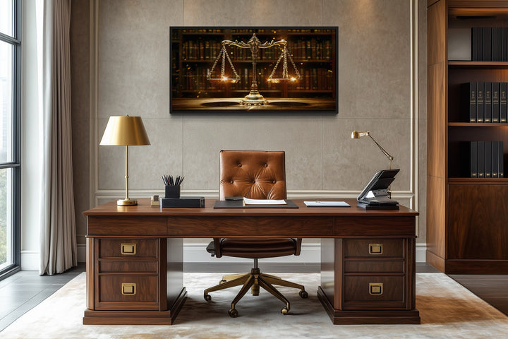 Scales Of Justice Wall Art – Framed Canvas Print For Law Office Decor