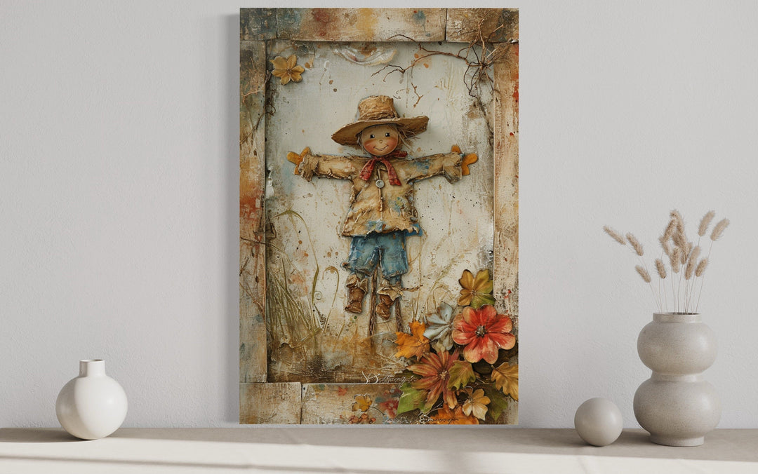 Scarecrow Painting Rustic Farmhouse Framed Canvas Wall Art