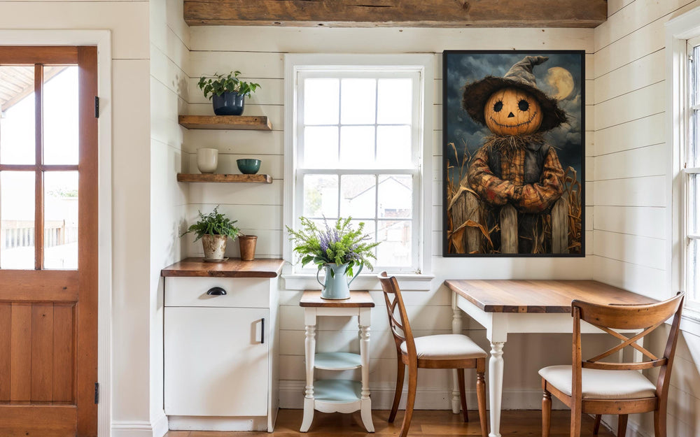 Scarecrow Rustic Pumpkin Head in Cornfield with Full Moon Halloween Wall Art