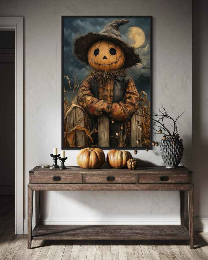Scarecrow Rustic Pumpkin Head in Cornfield with Full Moon Halloween Wall Art