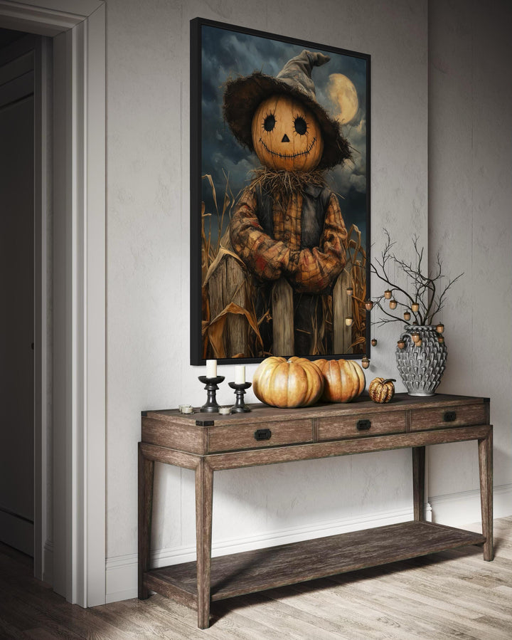 Scarecrow Rustic Pumpkin Head in Cornfield with Full Moon Halloween Wall Art