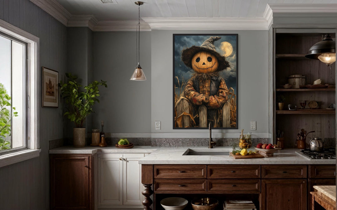 Scarecrow Rustic Pumpkin Head in Cornfield with Full Moon Halloween Wall Art