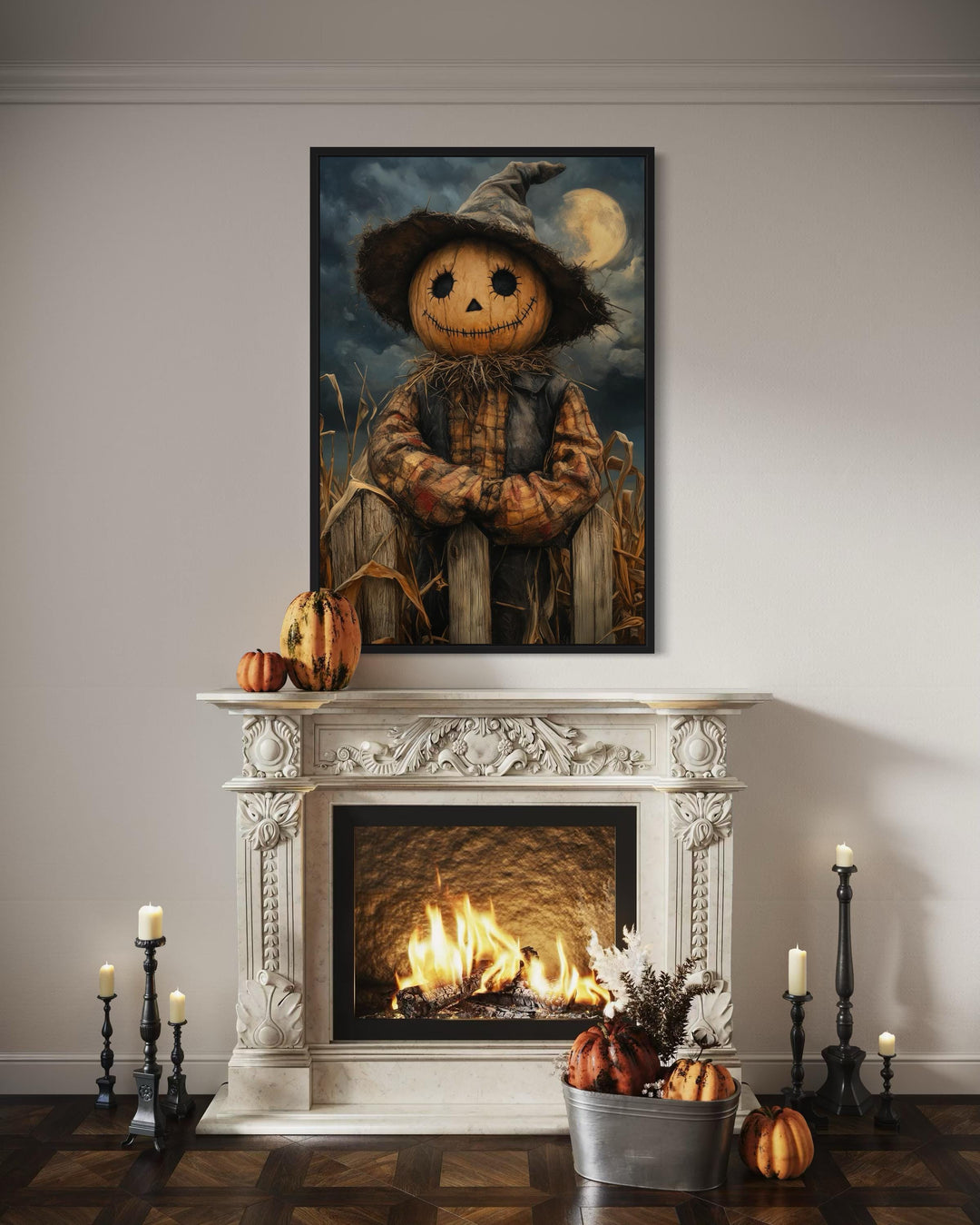 Scarecrow Rustic Pumpkin Head in Cornfield with Full Moon Halloween Wall Art