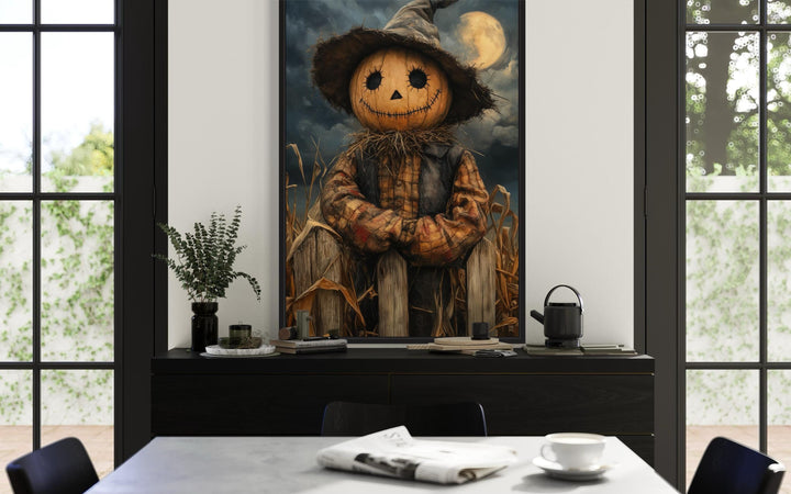 Scarecrow Rustic Pumpkin Head in Cornfield with Full Moon Halloween Wall Art