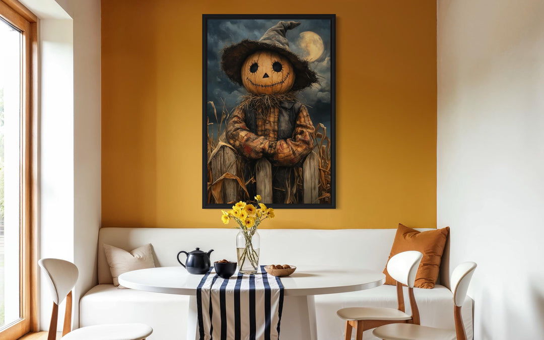 Scarecrow Rustic Pumpkin Head in Cornfield with Full Moon Halloween Wall Art