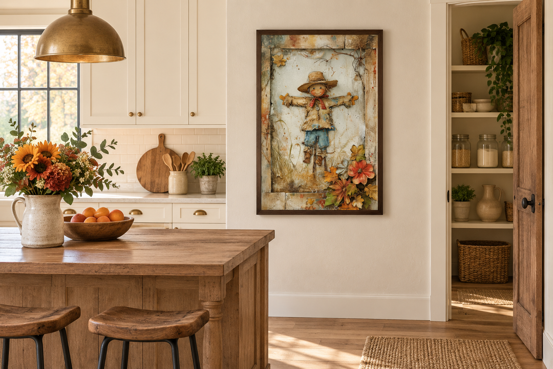 Rustic farmhouse framed canvas wall art featuring a scarecrow painting in a kitchen setting.