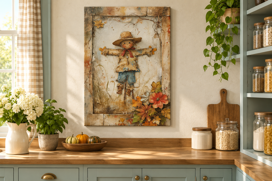 Rustic farmhouse framed canvas wall art featuring a textured scarecrow painting in a kitchen.