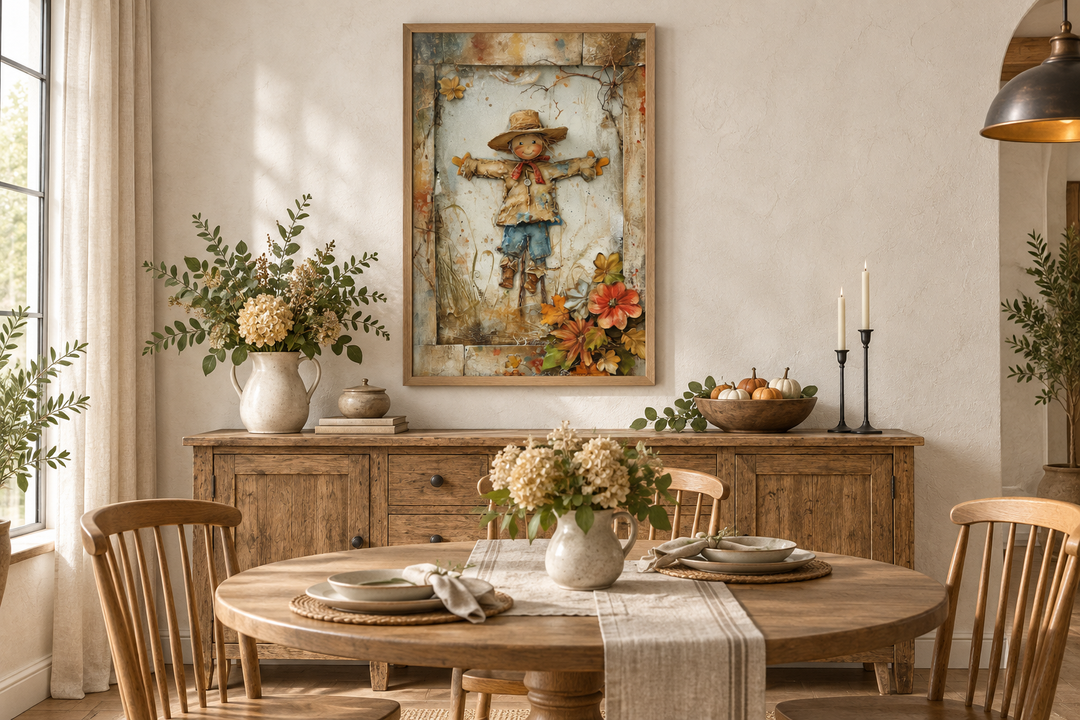 Rustic farmhouse framed canvas wall art featuring a detailed scarecrow painting in a dining room.