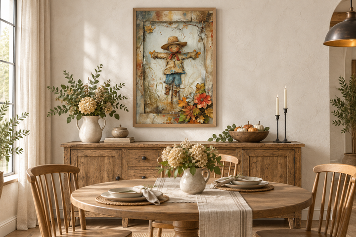 Rustic farmhouse framed canvas wall art featuring a detailed scarecrow painting in a dining room.