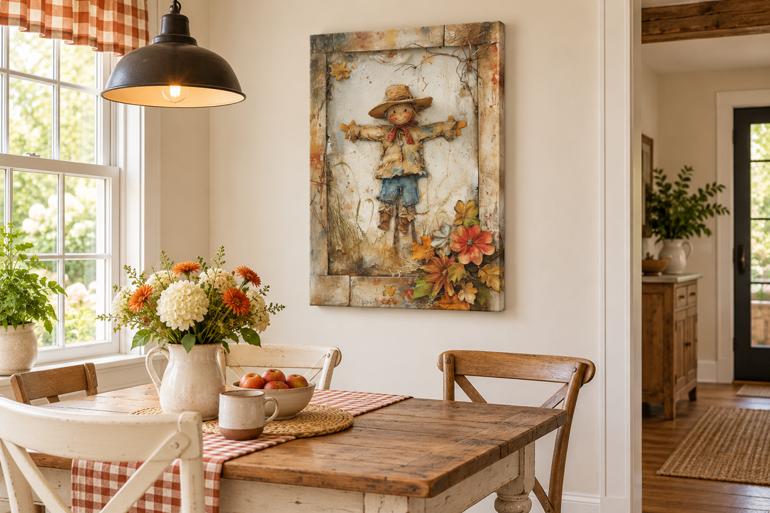 Rustic farmhouse scarecrow painting on a framed canvas hanging in a cozy dining room.