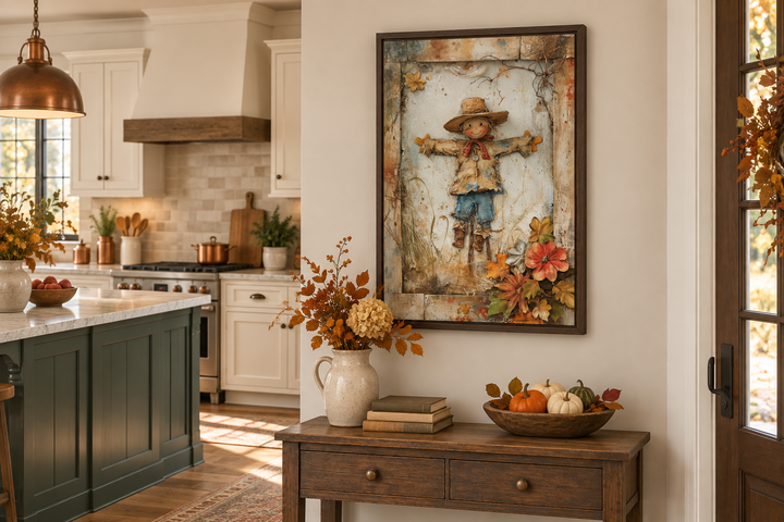 Rustic farmhouse framed canvas wall art featuring a 3D-style scarecrow painting in a kitchen.