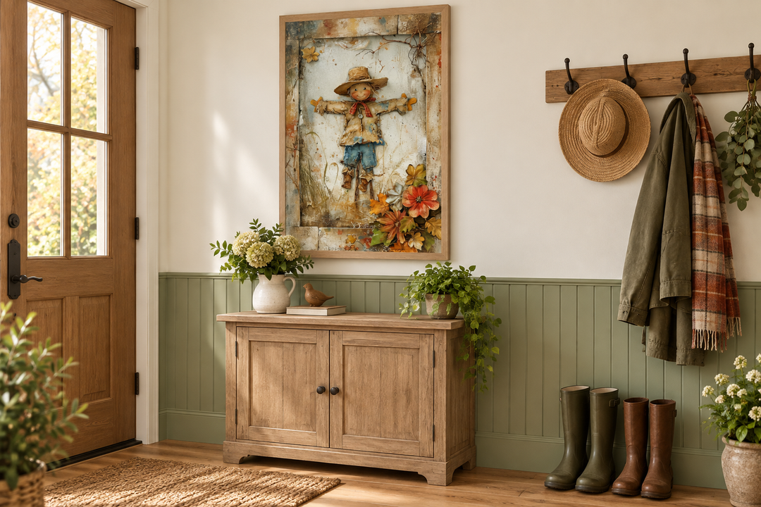 Rustic farmhouse framed canvas wall art featuring a textured scarecrow painting in an entryway.