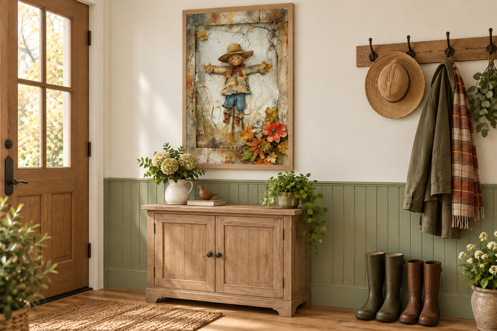 Rustic farmhouse framed canvas wall art featuring a textured scarecrow painting in an entryway.