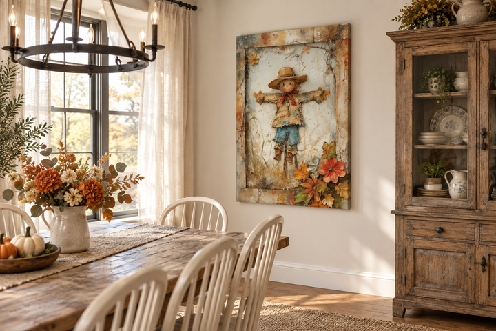 Scarecrow painting rustic farmhouse framed canvas wall art hanging in a cozy dining room.