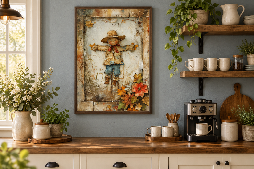Framed scarecrow canvas wall art in a rustic farmhouse kitchen setting.