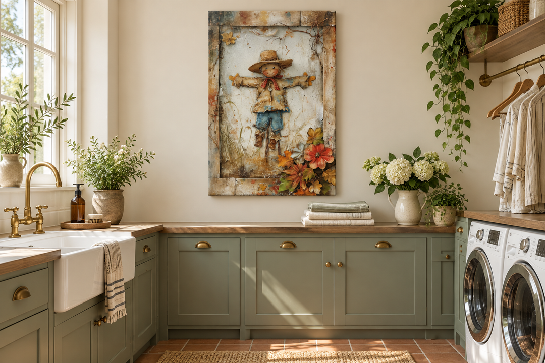 Rustic farmhouse scarecrow painting on framed canvas hanging in a sage green laundry room.