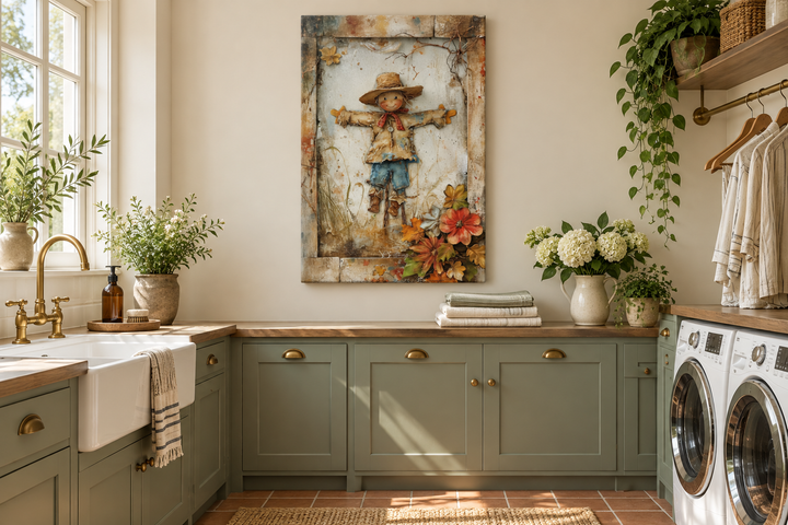 Rustic farmhouse scarecrow painting on framed canvas hanging in a sage green laundry room.