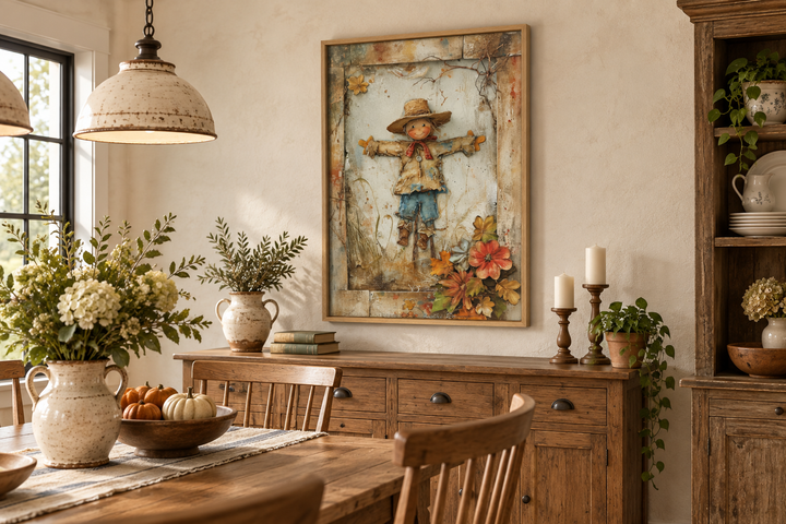 Rustic farmhouse framed canvas wall art featuring a detailed scarecrow painting in a wooden frame.