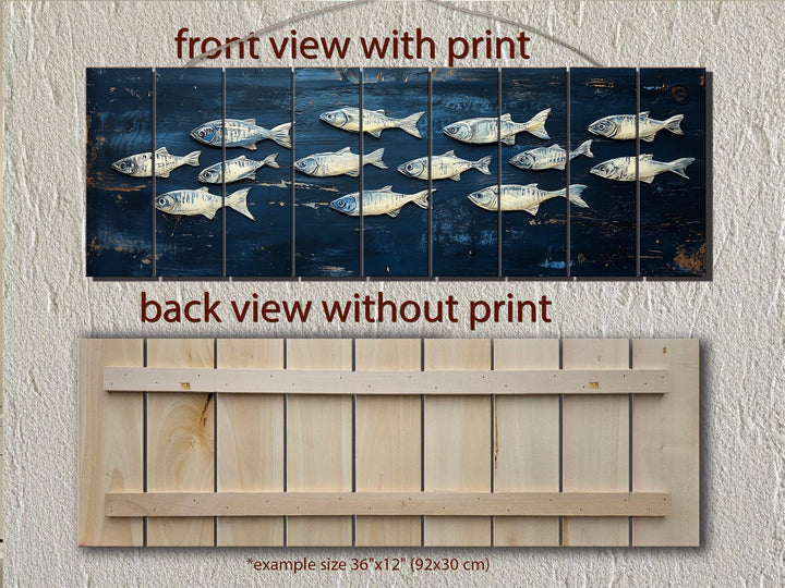 School of fish nautical wall art printed on distressed wood panels with a horizontal layout.
