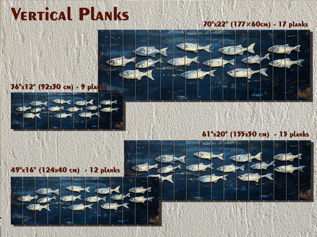 Nautical school of fish wall art printed on vertical wood planks in four size options.