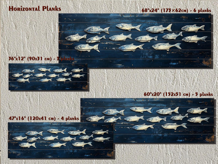 Nautical wall art featuring a school of fish on distressed blue wood planks in four sizes.