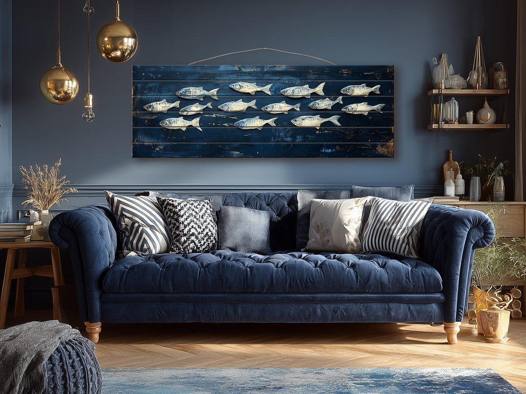 School of fish nautical wall art printed on long, narrow distressed wood over a blue sofa.