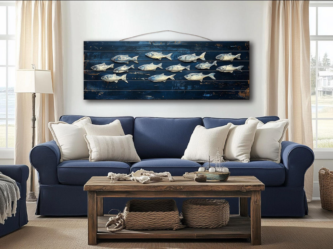 Long narrow distressed wood wall art featuring a school of fish over a navy blue background.