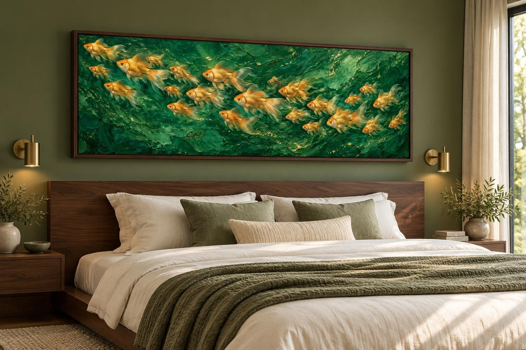 School of fish on emerald green background long horizontal framed canvas wall art above a bed.