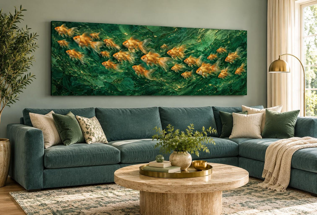 Long horizontal framed canvas art of golden fish swimming on a textured emerald green background.